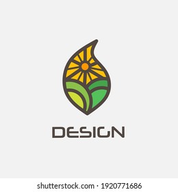farm logo design template, with green hill icon and sun in leaf shape