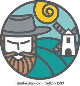 Logo de la granja con un granjero. Ilustración vectorial.