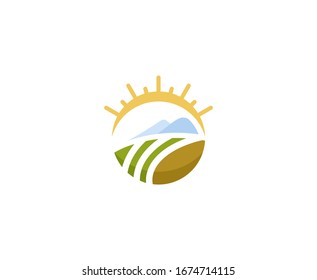 Farm logo field sun mountain vector icon 