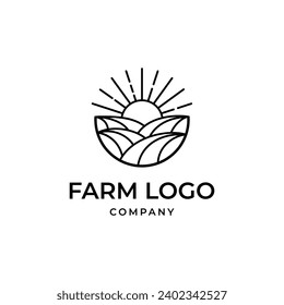 Farm logo with fields and sun in line art design style concept and circle frame