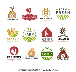 Farm logo icons vector illustration. Flat logotype or badge design set with eco fresh organic products food for farmer market, farmhouse, agricultural field landscape. Labels for agriculture industry