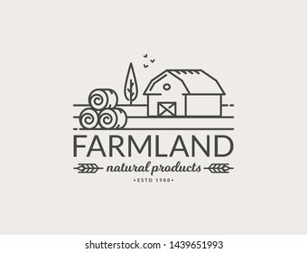 Farm logo isolated on white background. Black line emblem with farmhouse and hay bales for natural products and organic food. Vector outline symbol.