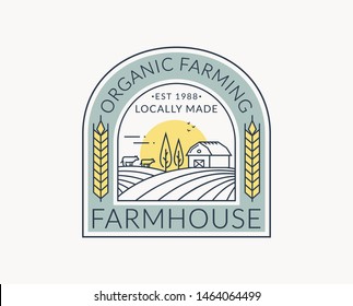 Farm logo isolated on white background. Line emblem with farmhouse, cows and wheat ear. Colored outline badge for natural products and organic food. Vector illustration.