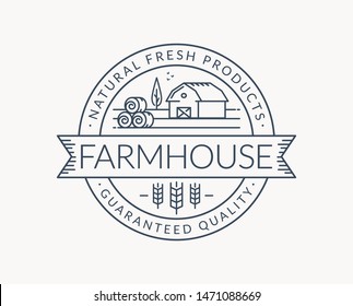 Farm logo isolated on white background. Black line emblem with farmhouse, wheat ear and hay bales. Vector outline badge for natural products and organic food.