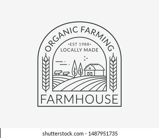 Farm logo isolated on white background. Line emblem with farmhouse, cows and wheat ear. Black outline badge for natural products and organic food. Vector illustration.