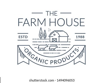 Farm logo isolated on white background. Black line emblem with farmhouse and cows. Vector outline badge for natural milk products, organic food company, dairy farms or farmers market.