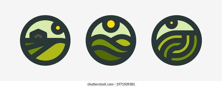 Farm logo mark template or icon of rural landscape with sun and field. Set of modern geometric emblems or badges for natural agriculture, organic food industry or harvesting campaign