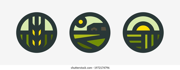 Farm logo mark template or icon of rural landscape with sun and field. Set of modern geometric emblems or badges for natural agriculture, organic food industry or harvesting campaign