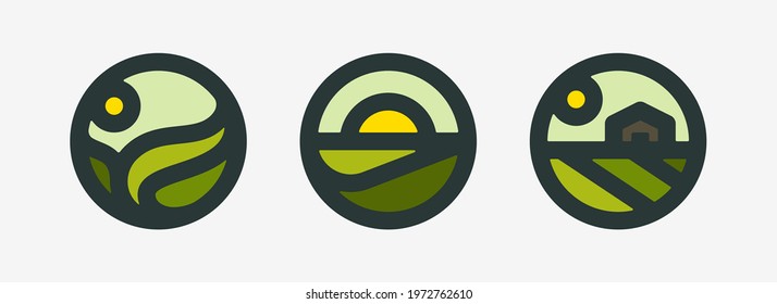 Farm logo mark template or icon of rural landscape with sun and field. Set of modern geometric emblems or badges for natural agriculture, organic food industry or harvesting campaign