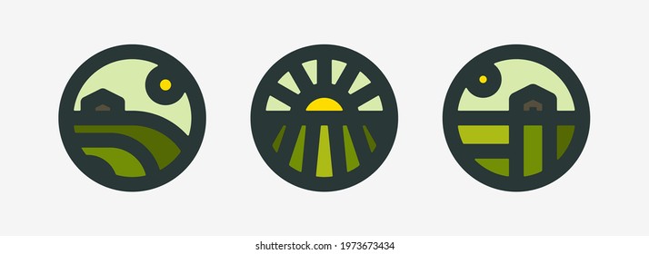 Farm logo mark template or icon of rural landscape with sun and field. Set of modern geometric emblems or badges for natural agriculture, organic food industry or harvesting campaign