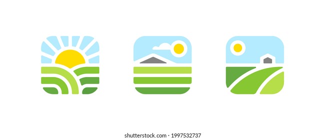 Farm logo mark template or icon of rural landscape with sun, field and mountain. Set of modern geometric emblems or badges for natural agriculture, organic food industry or harvesting campaign