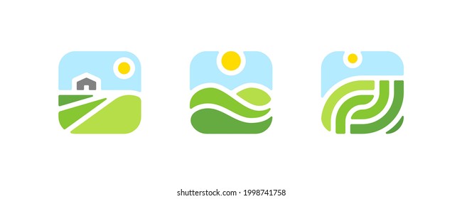 Farm logo mark template or icon of rural landscape with sun and field. Set of modern geometric emblems or badges for natural agriculture, organic food industry or harvesting campaign