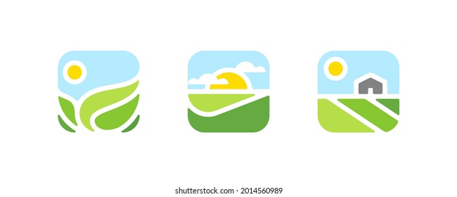 Farm logo mark template or icon of rural landscape with sun and field. Set of modern geometric emblems or badges for natural agriculture, organic food industry or harvesting campaign