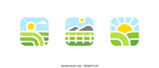 Farm logo mark template or icon of rural landscape with sun, field and mountain. Set of modern geometric emblems or badges for natural agriculture, organic food industry or harvesting campaign