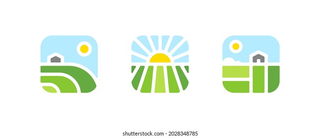 Farm logo mark template or icon of rural landscape with sun, field and barn. Set of modern geometric emblems or badges for natural agriculture, organic food industry or harvesting campaign