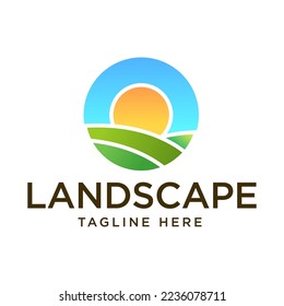 Farm logo mark template or icon sun and field.  emblems or badges for natural agriculture, organic food industry or harvesting campaign