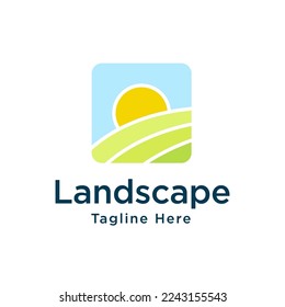 Farm logo mark template or icon sun and field.  emblems or badges for natural agriculture, organic food industry or harvesting campaign