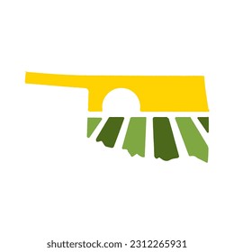 Plantilla de marca del logotipo de la granja para Oklahoma o icono del paisaje rural con sol y campo. Emblemas para la agricultura natural, la industria alimentaria orgánica o la campaña de cosecha