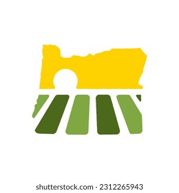 Farm logo mark template for Oregon or icon of rural landscape with sun and field. Emblems for natural agriculture, organic food industry or harvesting campaign