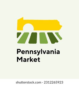 Farm logo mark template for Pennsylvania or icon of rural landscape with sun and field. Emblems for natural agriculture, organic food industry or harvesting campaign