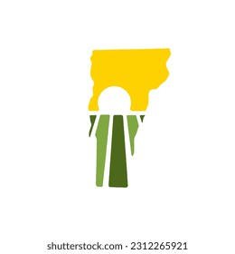 Farm logo mark template for Vermont or icon of rural landscape with sun and field. Emblems for natural agriculture, organic food industry or harvesting campaign