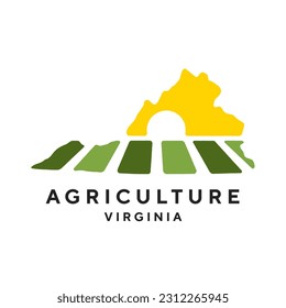 Farm logo mark template for Virginia or icon of rural landscape with sun and field. Emblems for natural agriculture, organic food industry or harvesting campaign