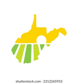 Farm logo mark template for West Virginia or icon of rural landscape with sun and field. Emblems for natural agriculture, organic food industry or harvesting campaign