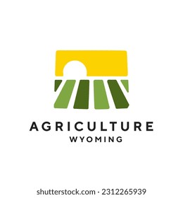 Farm logo mark template for Wyoming or icon of rural landscape with sun and field. Emblems for natural agriculture, organic food industry or harvesting campaign