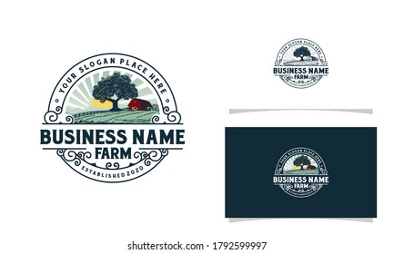 Farm logo with mountain sun rise and tree illustration