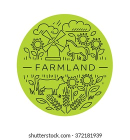 Farm logo on a green background with images of cows, sunflowers, mill, wheat and horse.