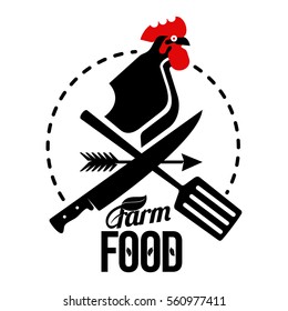 Farm logo with a rooster and a farmer's tools. Vector illustration. Farm food, chicken farm. Web banners, advertisements, brochures, business templates. Isolated on a white background.