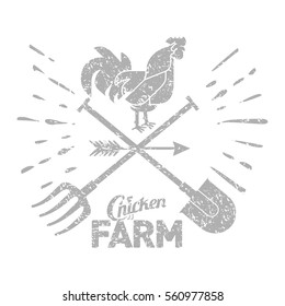Farm logo with a rooster and a farmer's tools. Vector illustration in grunge style. Web banners, advertisements, brochures, business templates. Isolated on a white background.