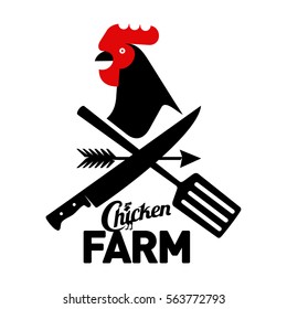 Farm logo with a rooster and a farmer's tools. Vector illustration. Farm food, chicken farm. Web banners, advertisements, brochures, business templates. Isolated on a white background.