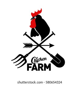 Farm logo with a rooster and a farmer's tools. Vector illustration. Farm food, chicken farm. Web banners, advertisements, brochures, business templates. Isolated on a white background.