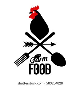 Farm logo with a rooster and a farmer's tools. Vector illustration. Farm food, chicken farm. Web banners, advertisements, brochures, business templates. Isolated on a white background.