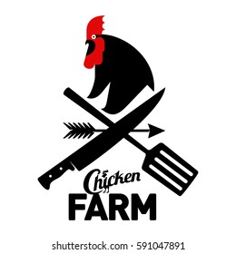 Farm logo with a rooster and a farmer's tools. Vector illustration. Farm food, chicken farm. Web banners, advertisements, brochures, business templates. Isolated on a white background.