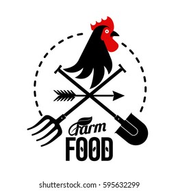 Farm logo with a rooster and a farmer's tools. Vector illustration. Farm food, chicken farm. Web banners, advertisements, brochures, business templates. Isolated on a white background.