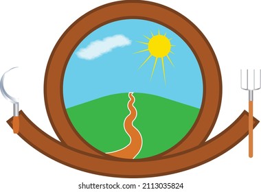 farm logo with rural road, hill, sun, cloud and sky 