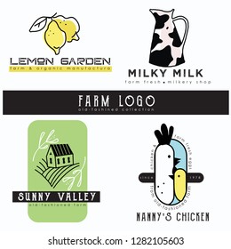 Farm logo set. 4 premade logos with handdrawn elements. Fully editable and scalable vector file