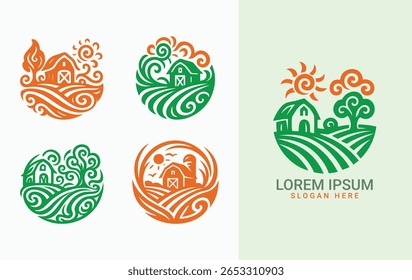 Farm Logo set Round Badges with Barns, Fields, and Landscapes
