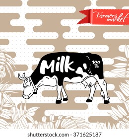 Farm logo template with cow. Vector isolated illustration on abstract floral background