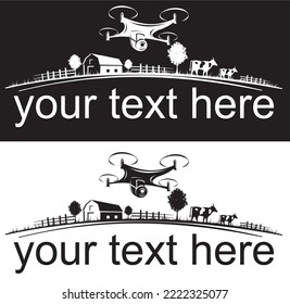A farm logo template with cows, houses, fences and a drone on top. Example text below.