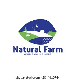 Plantilla de logotipo de granja con paisaje de granja. Etiqueta para productos de granja naturales. vector de logotipo agrícola