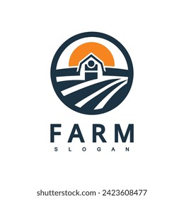 Farm logo. Template with farm landscape. Label for natural farm products.