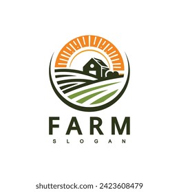 Farm logo. Template with farm landscape. Label for natural farm products.