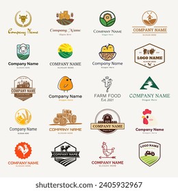 Logo de la granja. Plantilla con paisaje agrícola. Ilustración vectorial. diseño de logotipo de naturaleza.