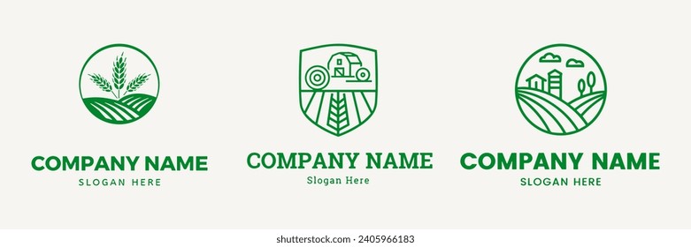 Logo de la granja. Plantilla con paisaje agrícola. Ilustración vectorial. diseño de logotipo de naturaleza.