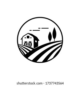 The farm logo template. Meadow silhouette, land symbol with horizon in perspective. Farm food badge. Vector