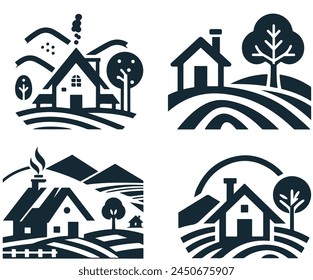 The farm logo template. Meadow silhouette, land symbol with horizon in perspective. Farm food badge. Vector
