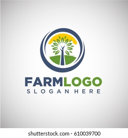 Farm Logo Template with tree and Sky Background illustration . Vector Illustration